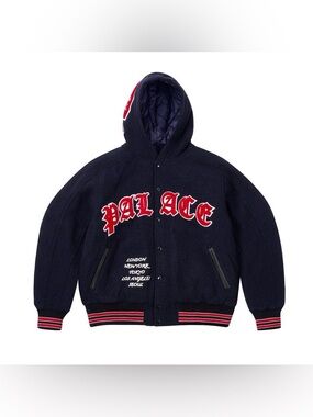 Palace Hooded Varsity Jacket Navy Bomber FW24 Cashmere Wool Blend Size Large